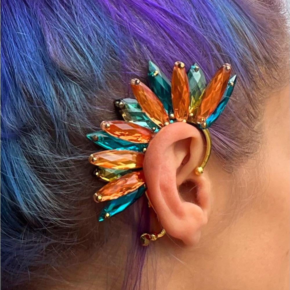 Orange and green gemstone ear cuff, pierceless no pierce ears